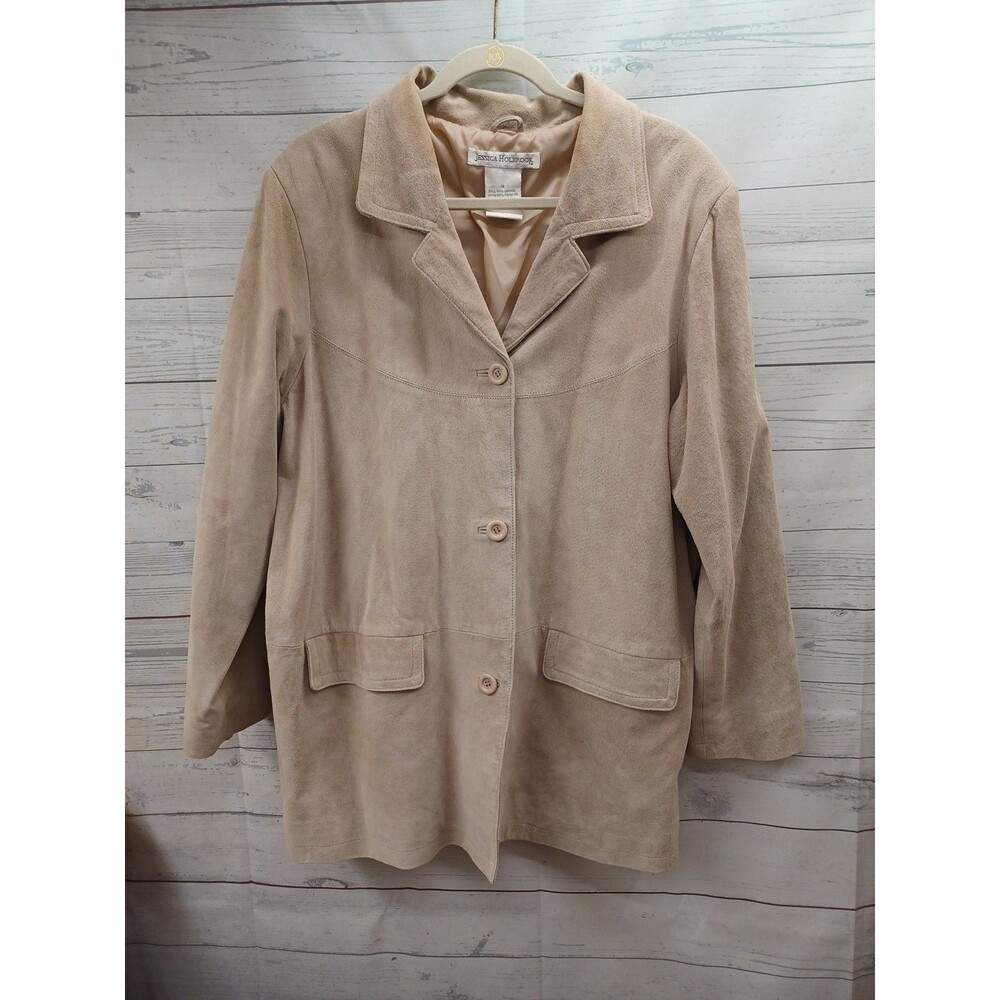 Jessica Holbrook Suede 100% Leather Jacket Sz 1X Beige Button Front
